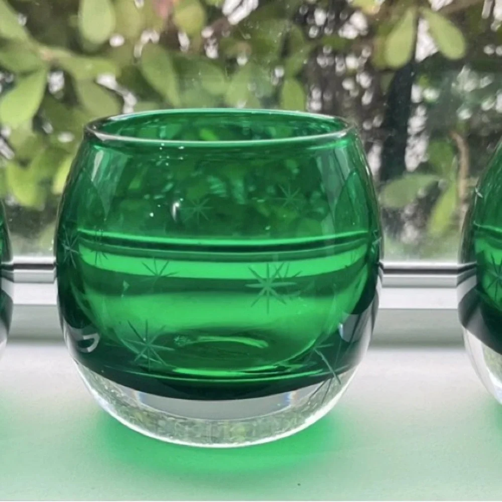 green glass votive candle holders made in Poland starburst/snowflake box Ai